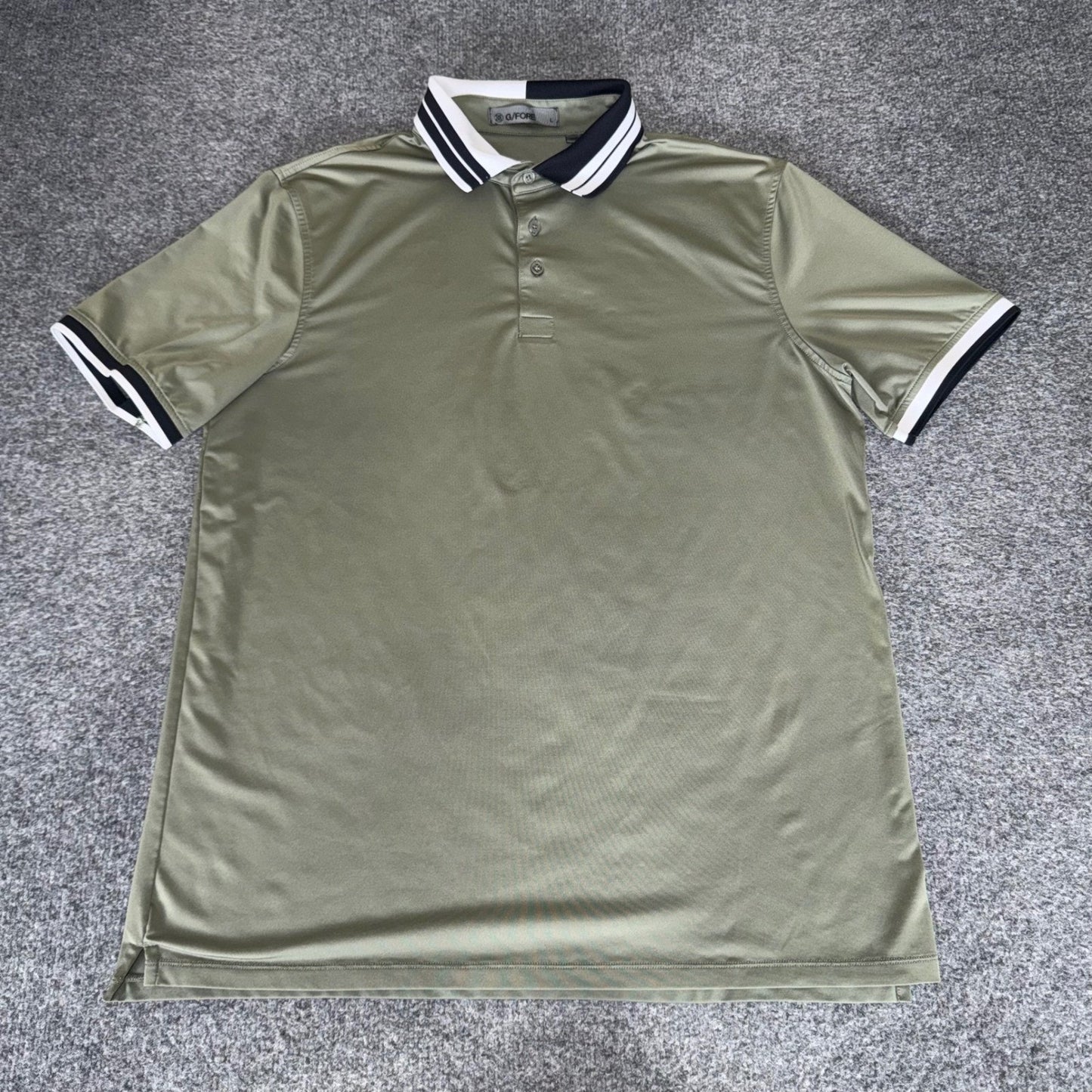 G/FORE Mens Large Performance Golf Polo Shirt Olive Green Striped Collar Stretch