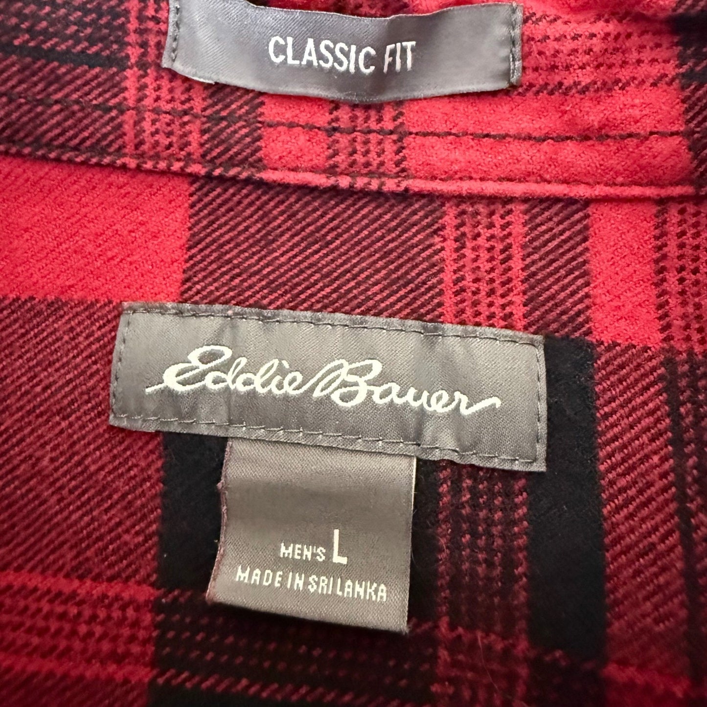 Eddie Bauer Mens Flannel Shirt Large Red Black Buffalo Plaid Classic Fit Cotton