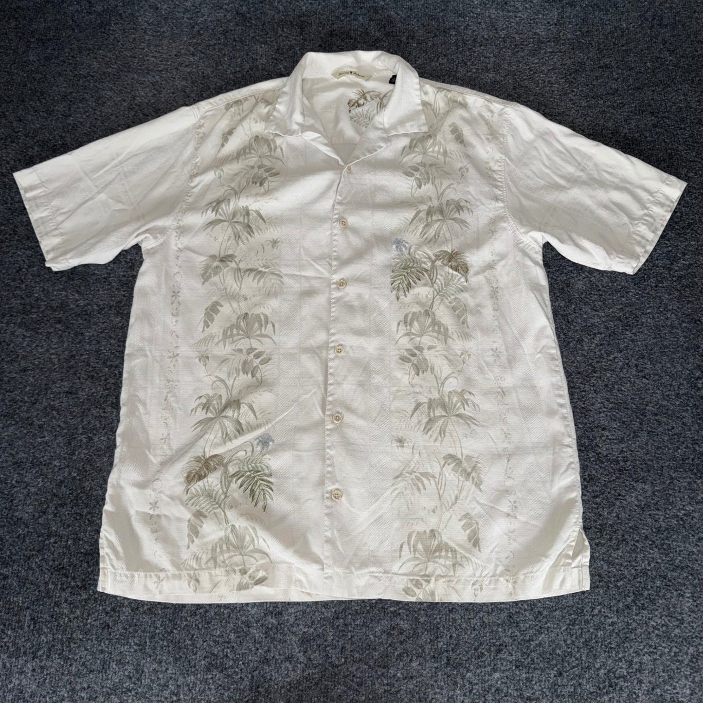 Tommy Bahama Mens Medium Silk Camp Shirt Palm Print Short Sleeve Button Up