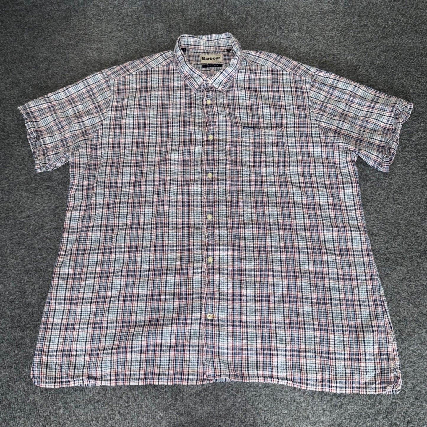 Barbour Seersucker Mens XXL Short Sleeve Button Up Shirt Plaid Cotton Blue Red