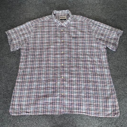 Barbour Seersucker Mens XXL Short Sleeve Button Up Shirt Plaid Cotton Blue Red