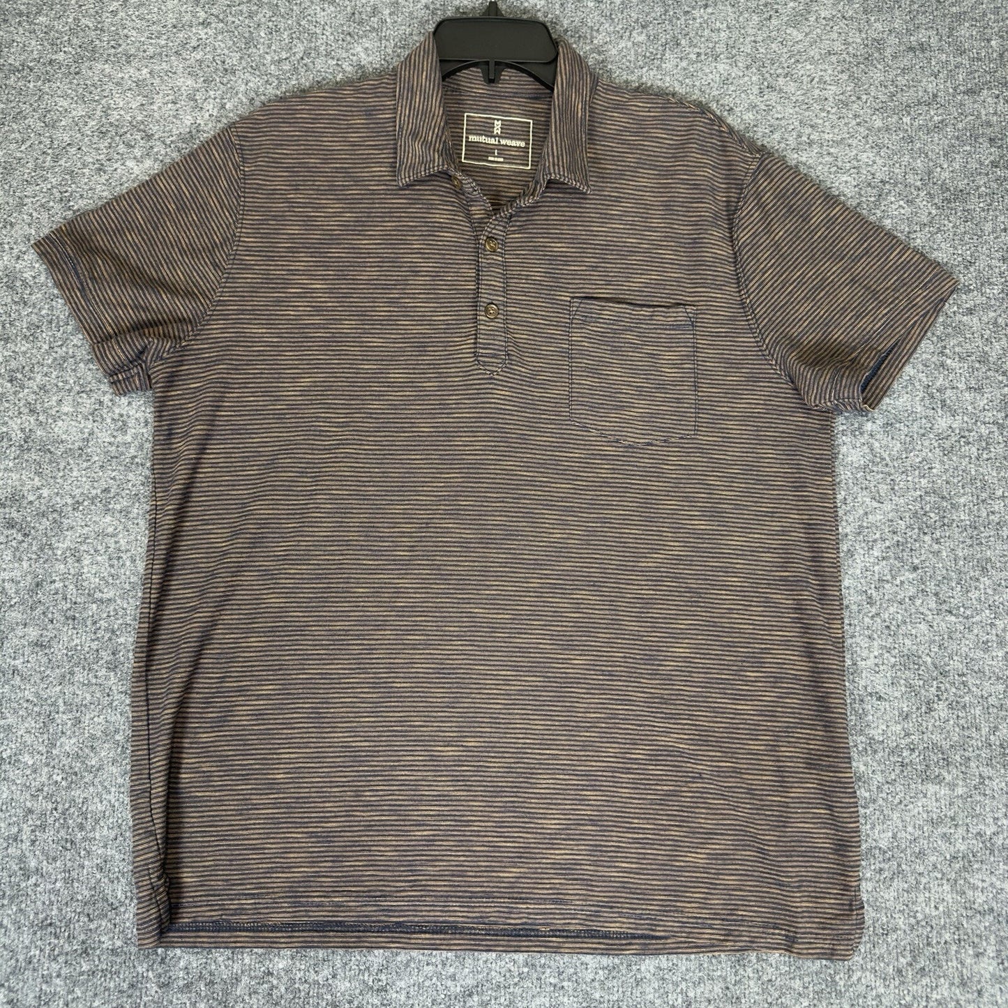 Mutual Weave Polo Shirt Mens L Brown Striped Short Sleeve Pullover Pocket Adult