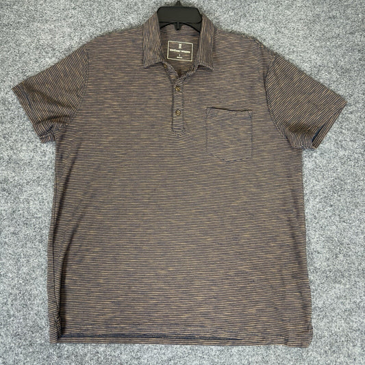 Mutual Weave Polo Shirt Mens L Brown Striped Short Sleeve Pullover Pocket Adult