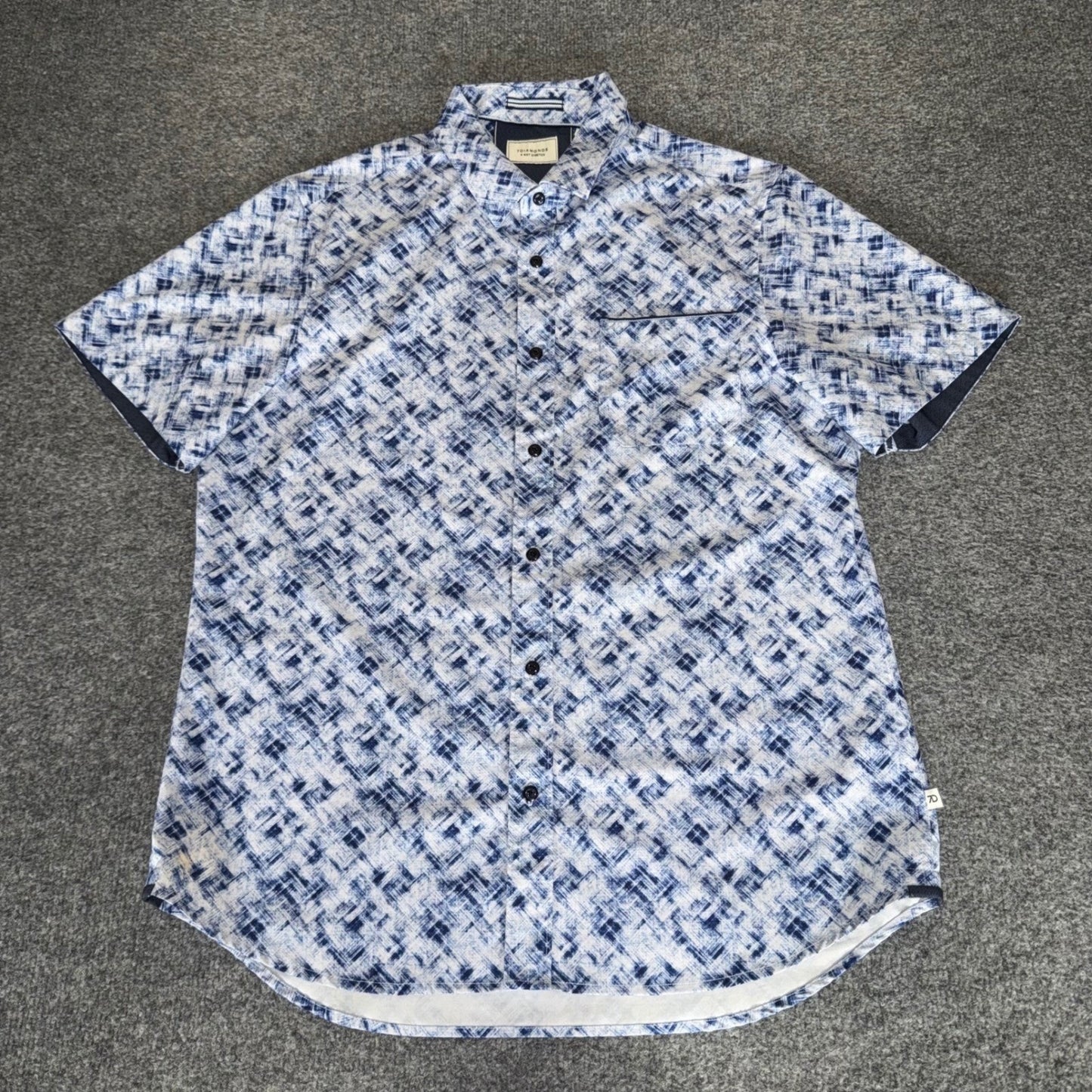 7 Diamonds 4 Way Stretch Shirt Mens Large Blue Geometric Short Sleeve Button Up