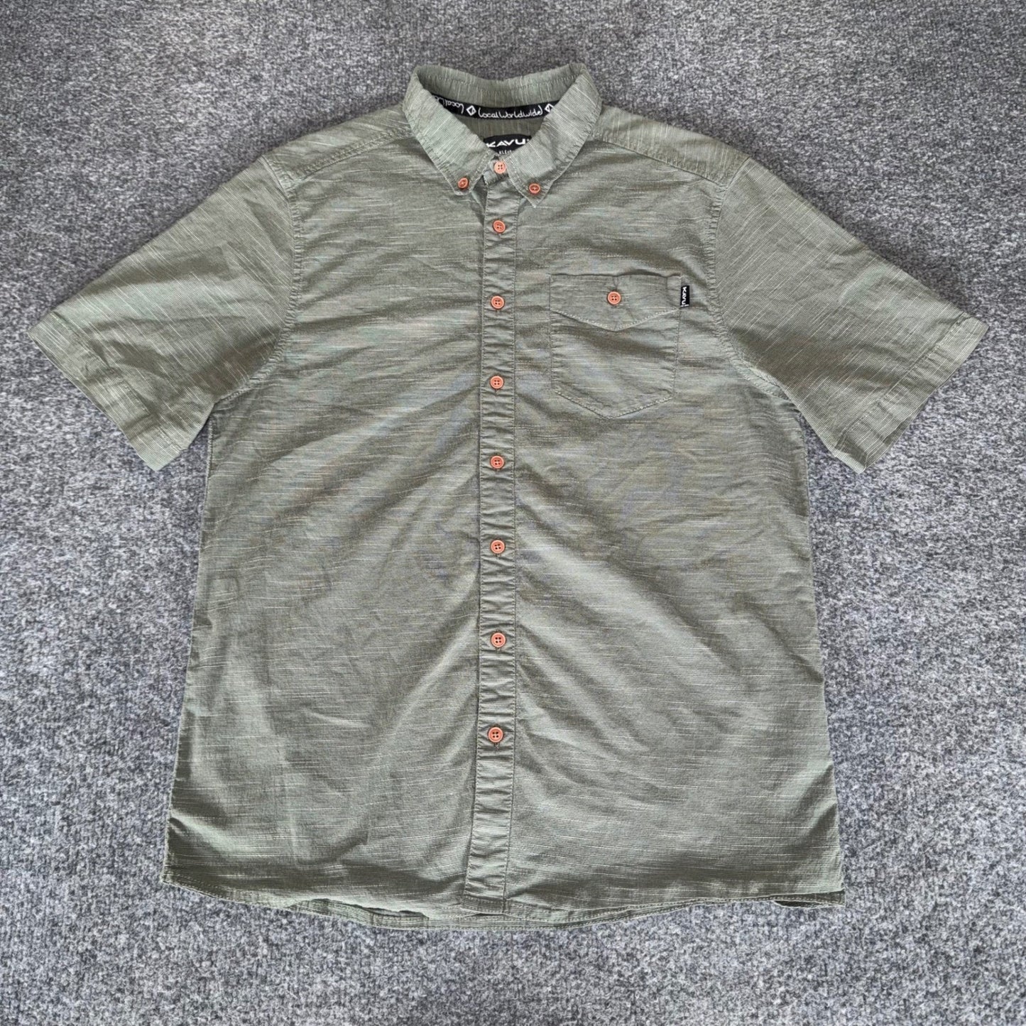 KAVU Shirt Mens Large Green Short Sleeve Button Up Hiking Outdoor Casual Trail