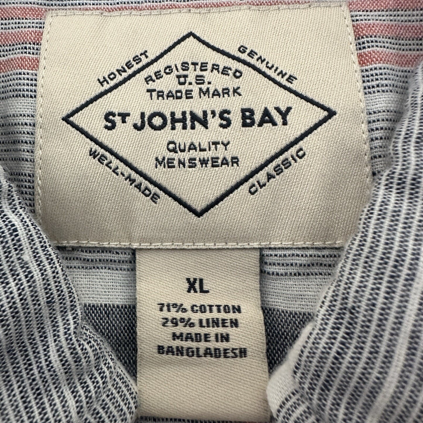 St John's Bay Shirt Mens XL Grey Striped Linen Short Sleeve Button Down Adult