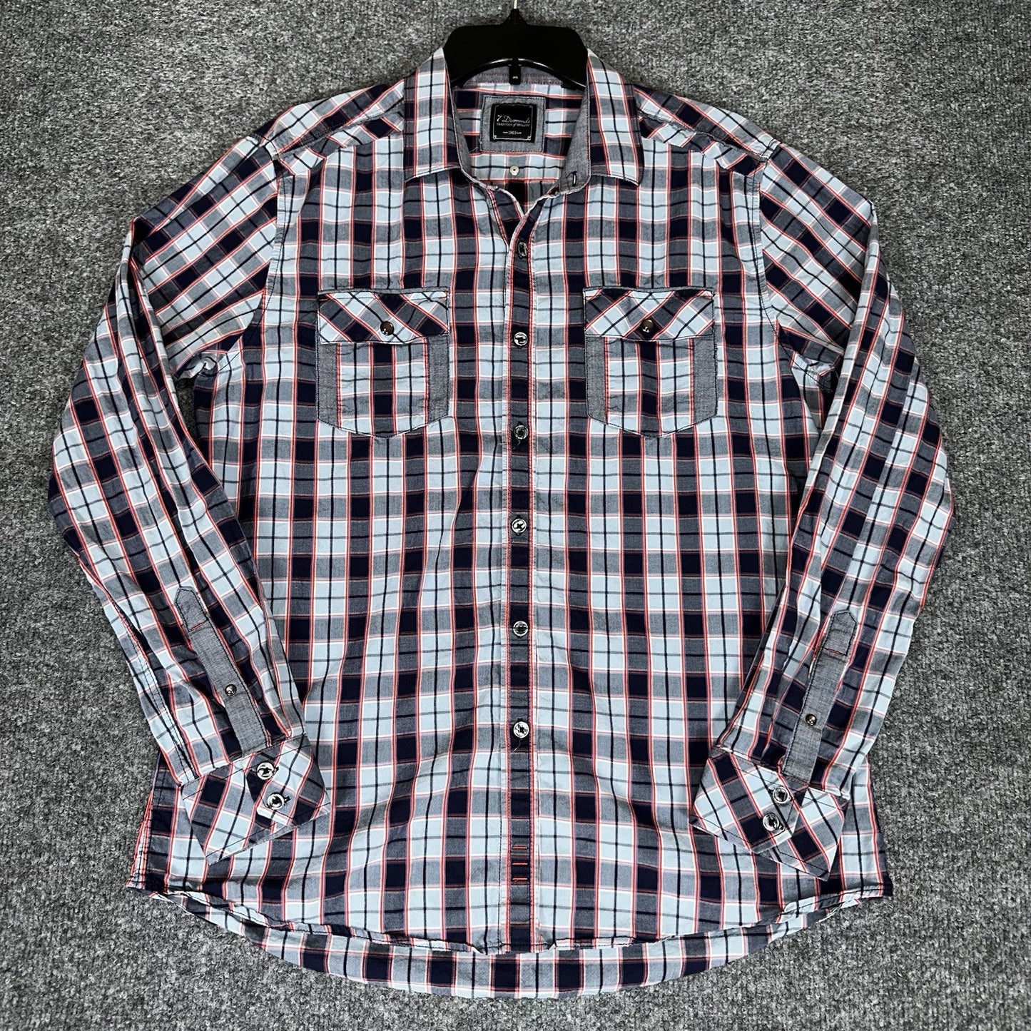 7 Diamonds Shirt Men Large Blue Plaid Long Sleeve Button Up Casual Pockets Adult