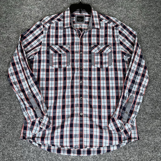 7 Diamonds Shirt Men Large Blue Plaid Long Sleeve Button Up Casual Pockets Adult