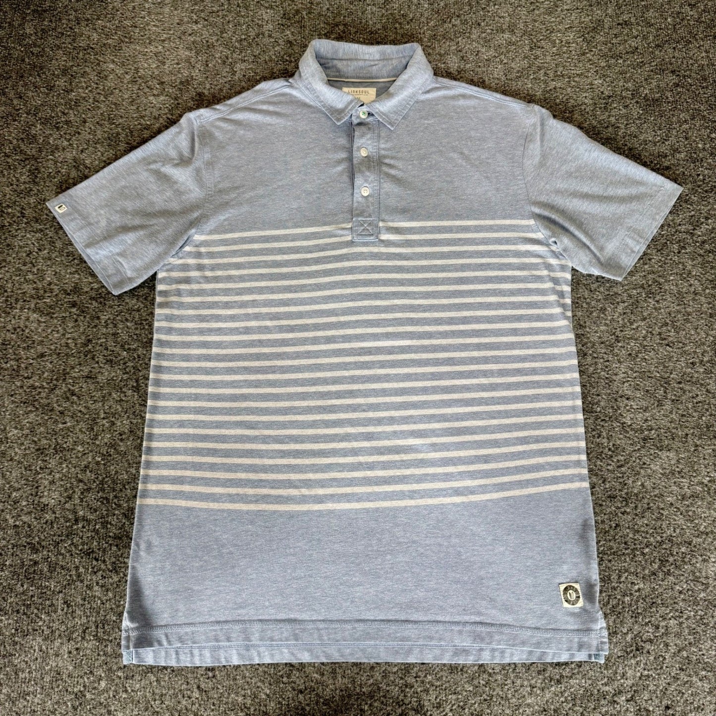 Linksoul Men Blue Striped Golf Polo Shirt Medium Short Sleeve Performance Casual