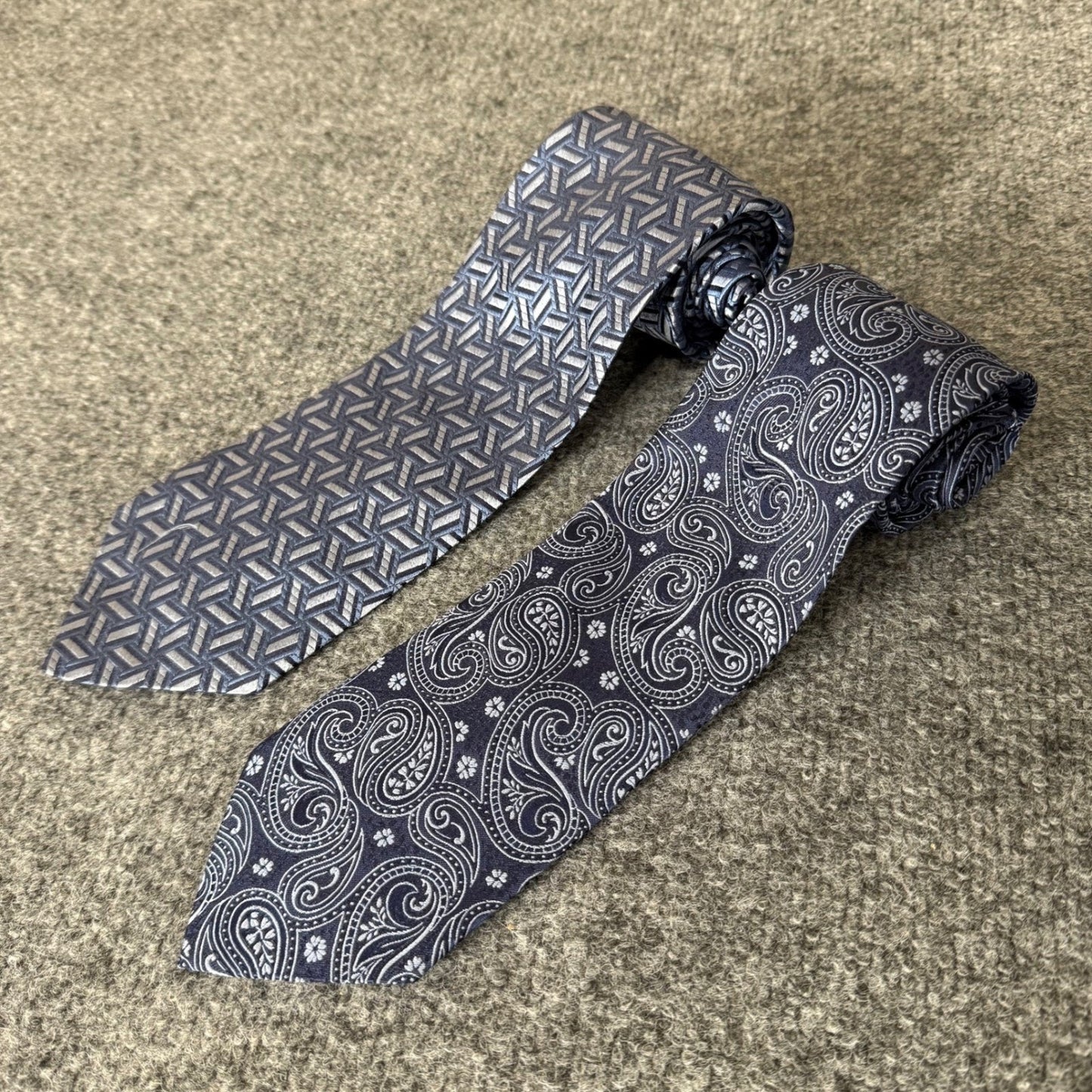 Faconnable Lot of 2 Mens Silk Dress Ties Blue Paisley Geometric Formal Neckwear