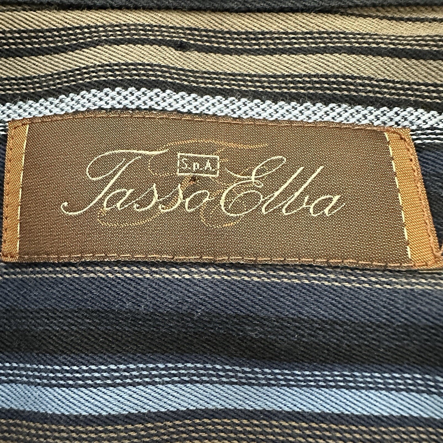 Tasso Elba Shirt Mens 2XL Brown Blue Striped Button Up Long Sleeve Cotton Pocket