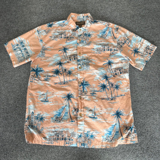 Cooke Street Men Hawaiian Shirt Medium Peach Blue Tropical Sailboat Cotton Aloha