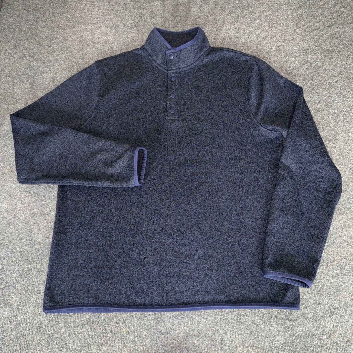 J. Crew Mens Authentic Fleece Navy Blue Marled Snap Mock Neck Pullover Large