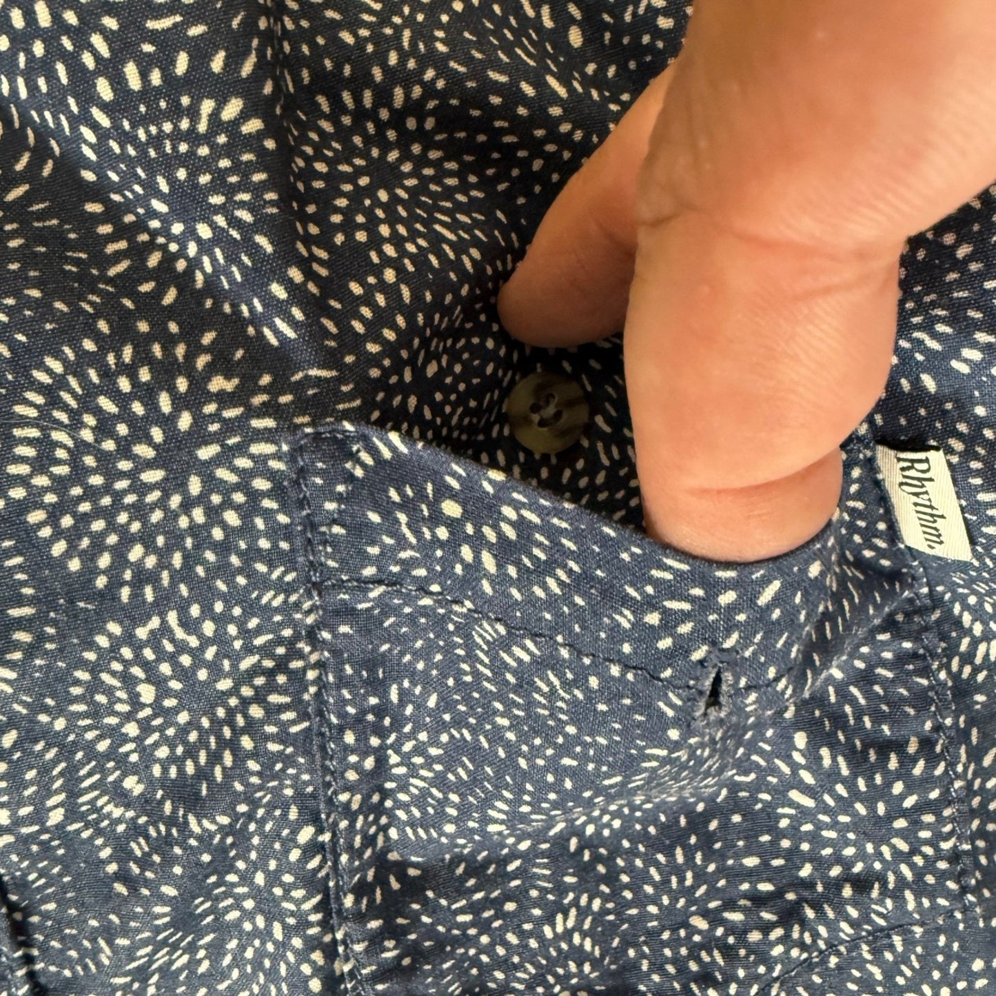 Rhythm. Mens Large Blue Geometric Dot Print Button Down Shirt Long Sleeve Casual