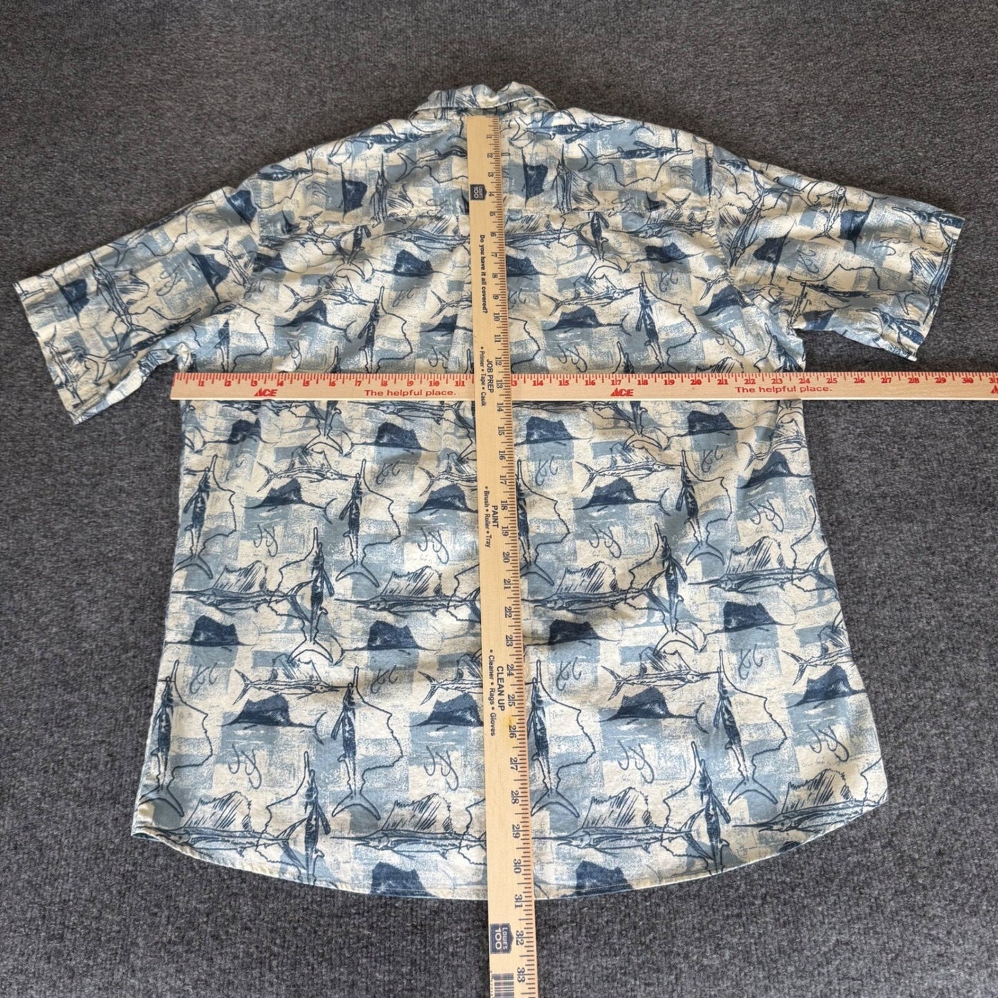 Woolrich Hawaiian Shirt Mens Large Blue Fish Print Aloha Button Up Short Sleeve