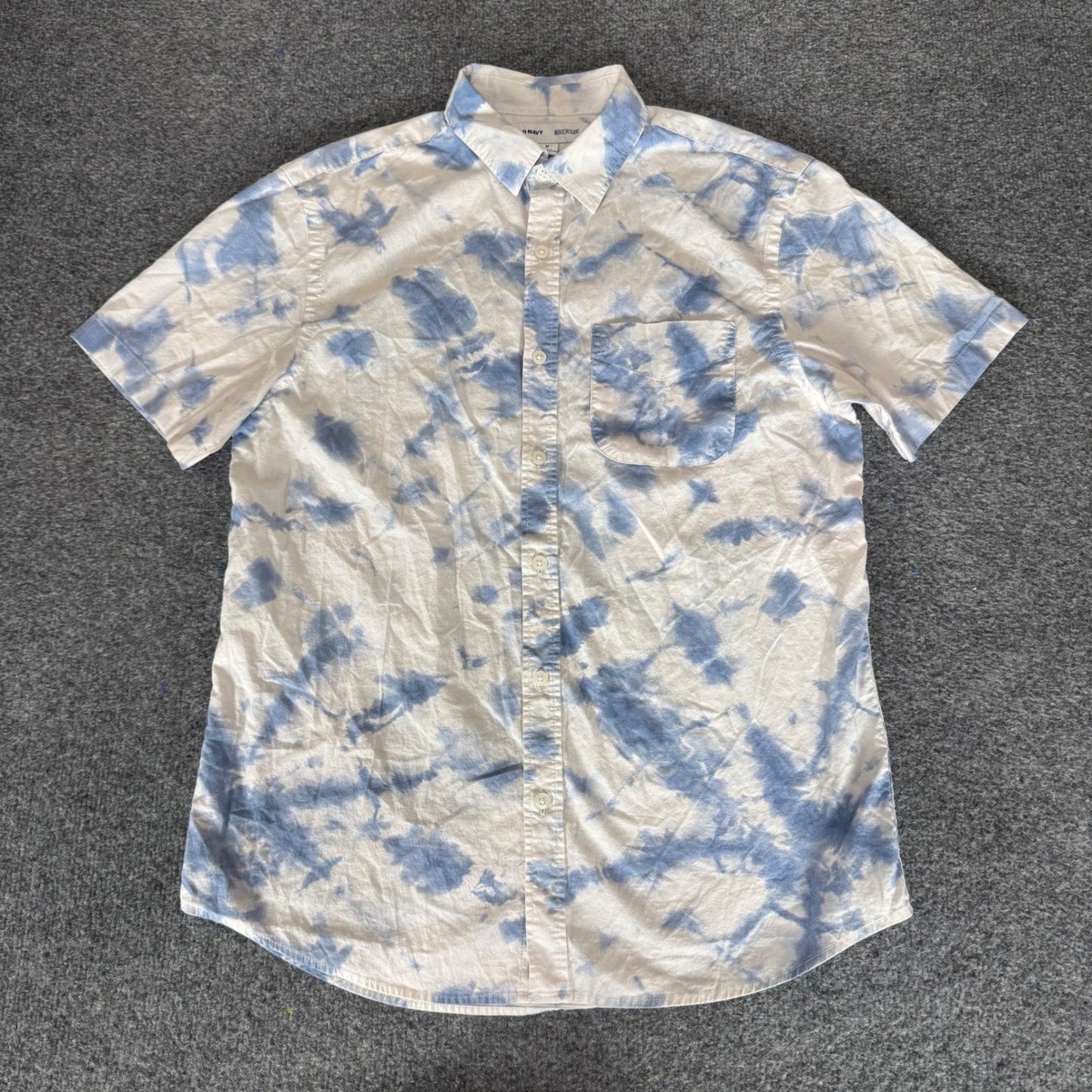 Old Navy Mens Blue White Tie Dye Short Sleeve Button Up Shirt Stretch Medium