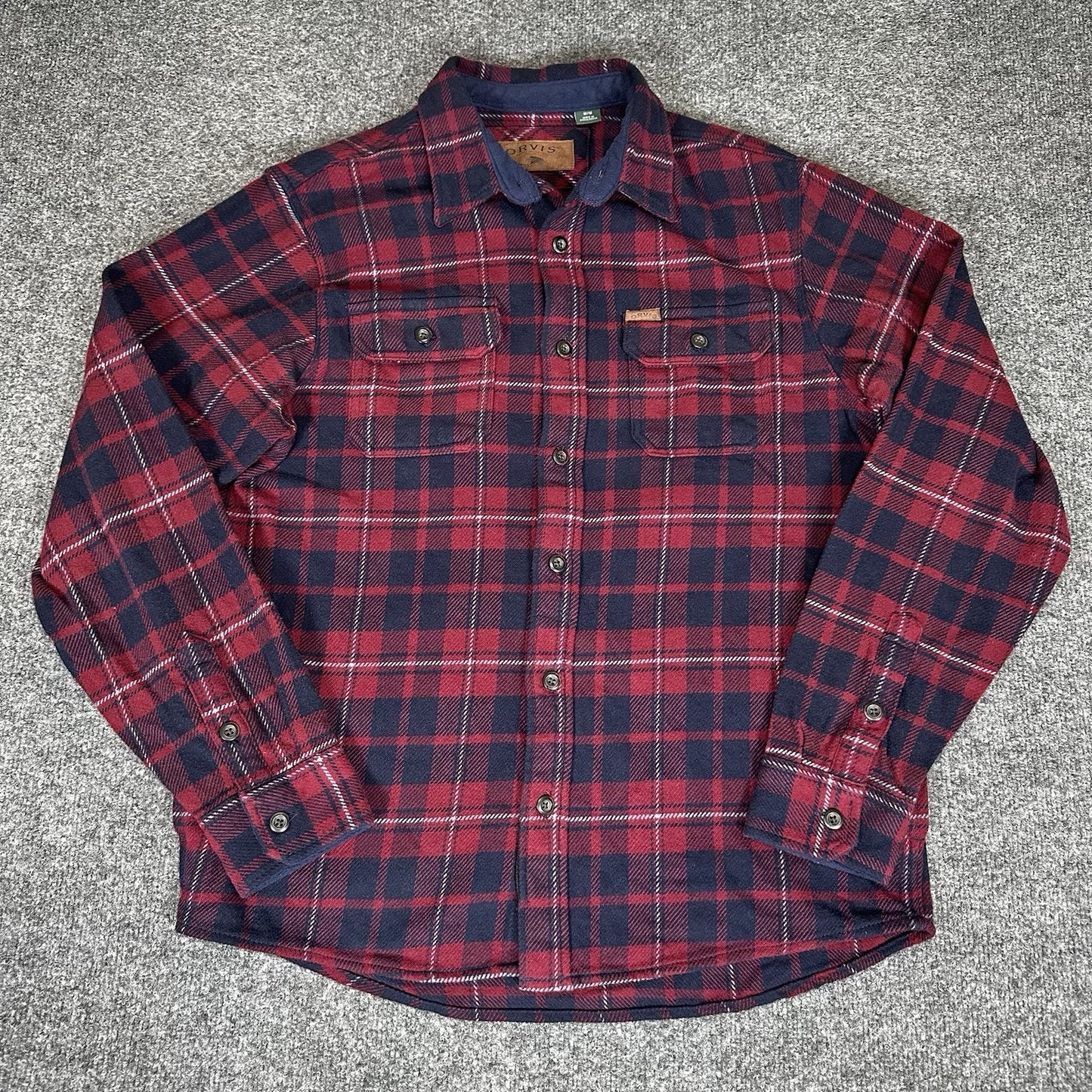 Orvis Shacket Mens M Red Blue Plaid Button Up Heavy Flannel Long Sleeve Adult