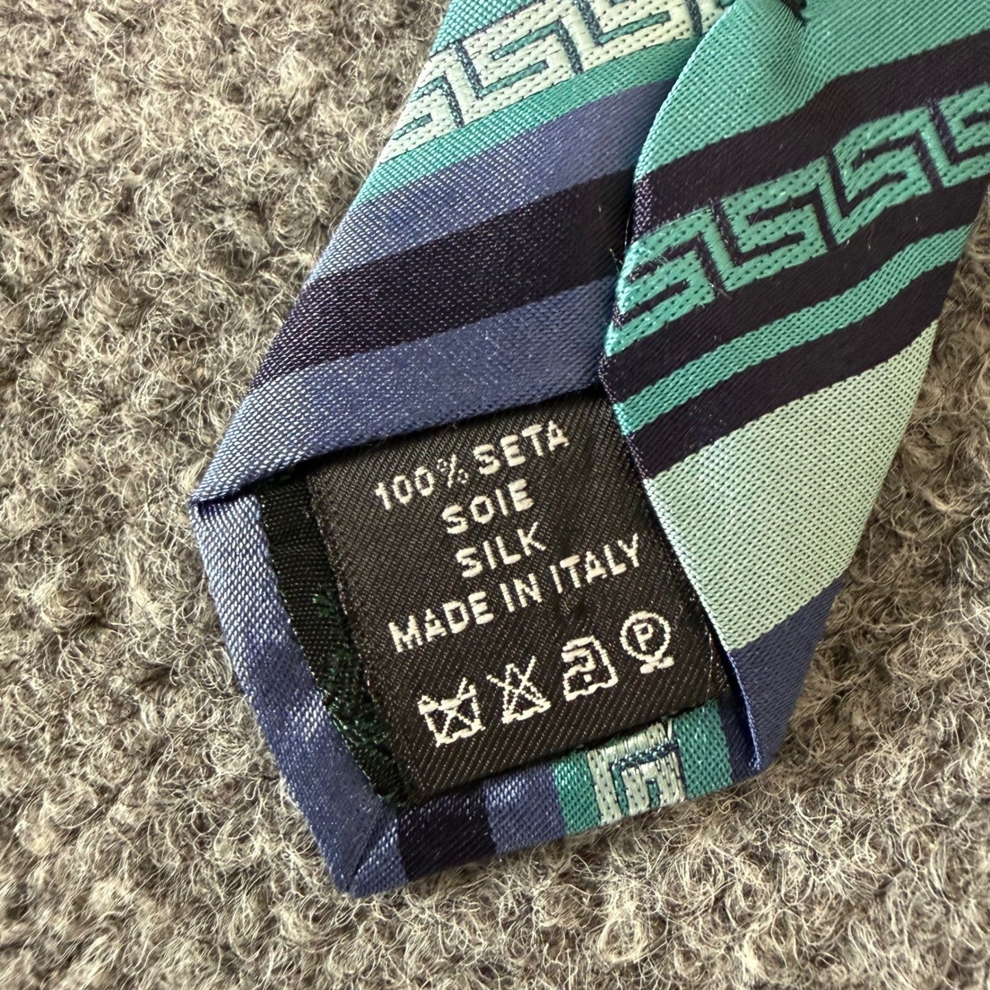 Versace Silk Tie Men Blue Green Greek Key Stripe Made in Italy Luxury Designer