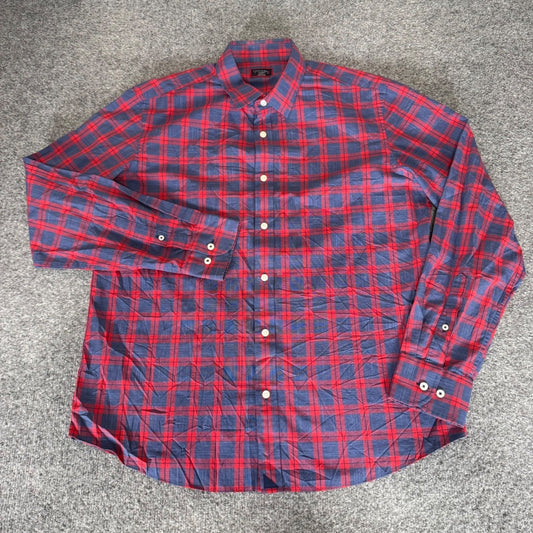 UNTUCKit Mens XL Slim Fit Red Navy Blue Plaid Cotton Long Sleeve Button Up Shirt
