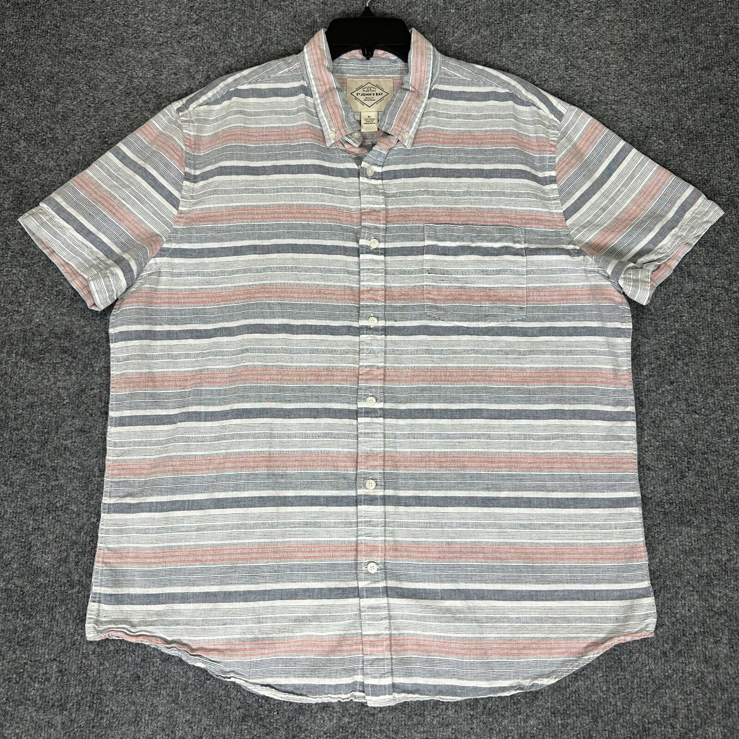 St John's Bay Shirt Mens XL Grey Striped Linen Short Sleeve Button Down Adult