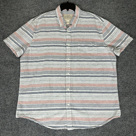 St John's Bay Shirt Mens XL Grey Striped Linen Short Sleeve Button Down Adult