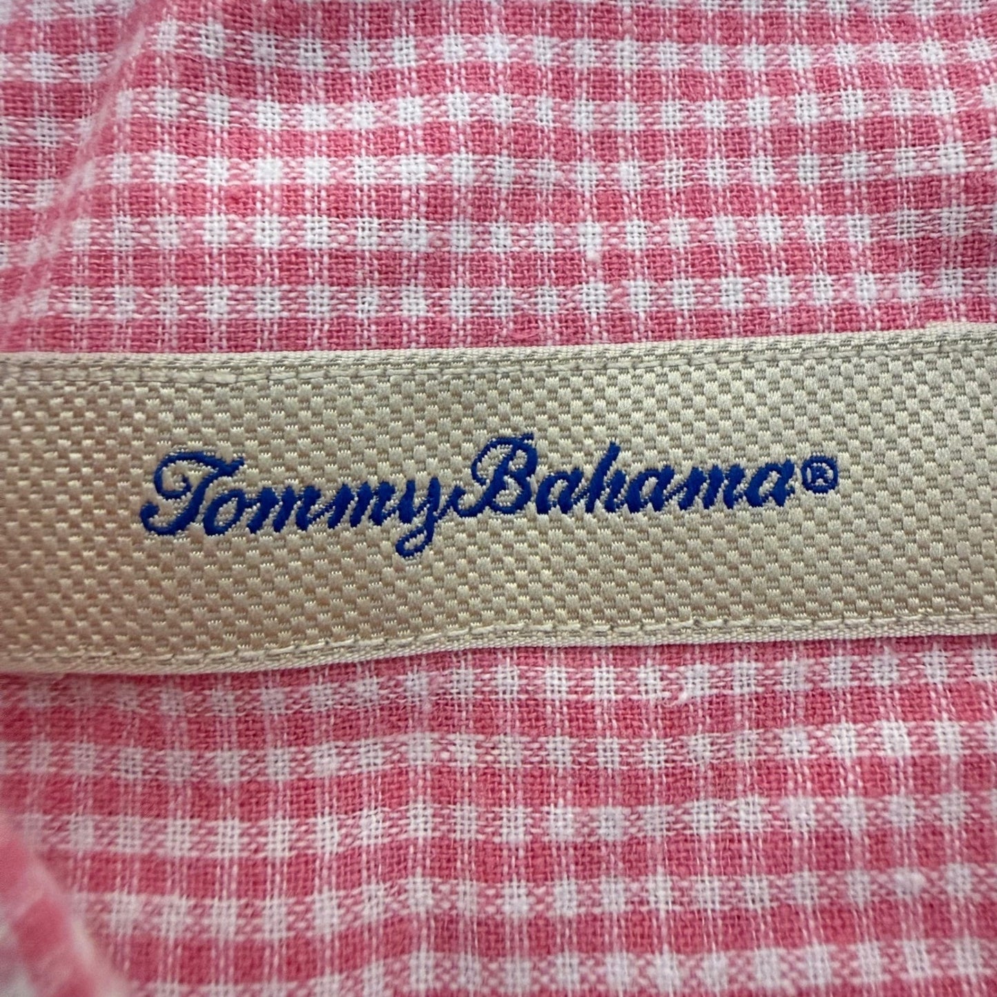 Tommy Bahama Mens XL Pink Gingham Linen Cotton Short Sleeve Button Down Shirt