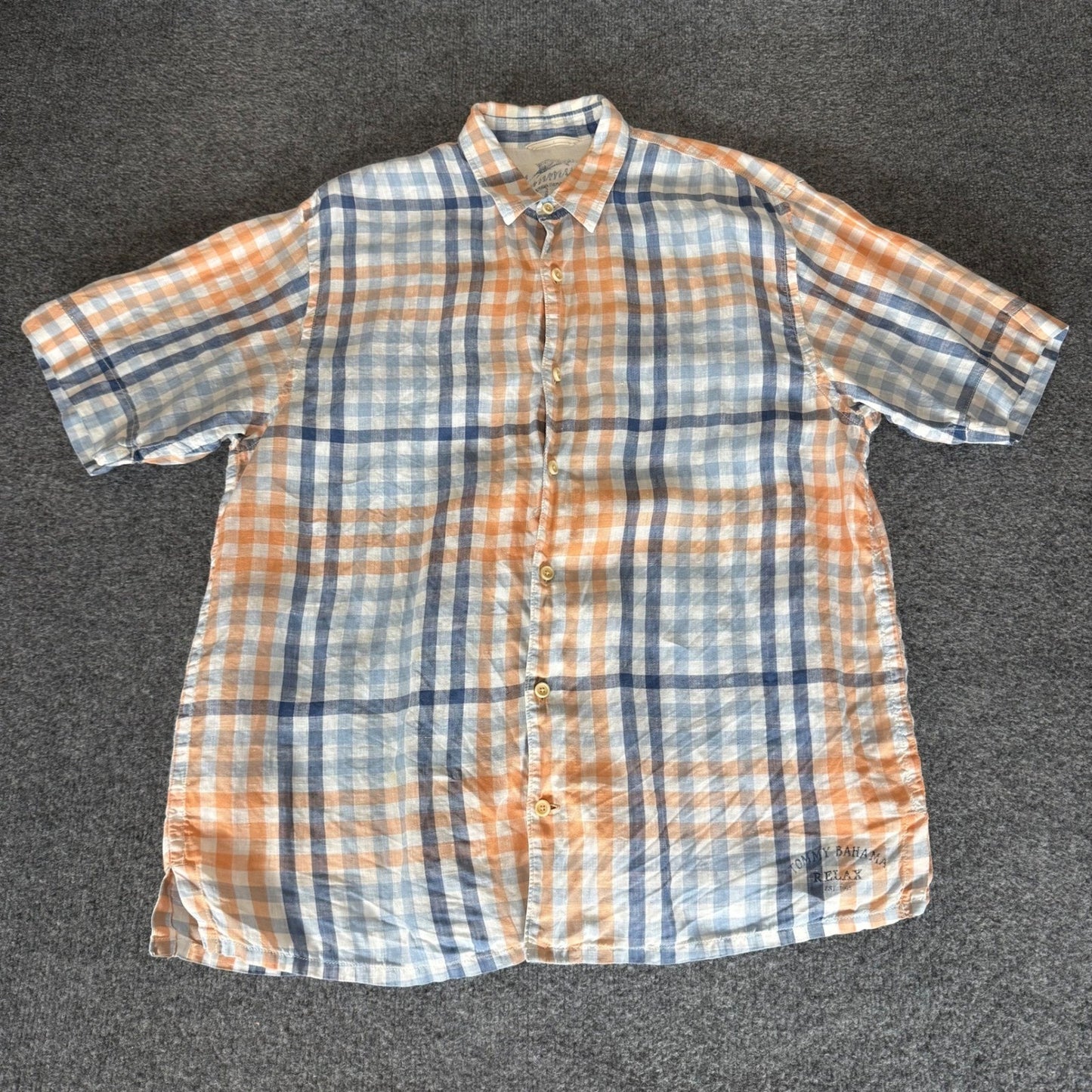 Tommy Bahama Linen Shirt Mens Large Plaid Short Sleeve Button Up Relax Casual