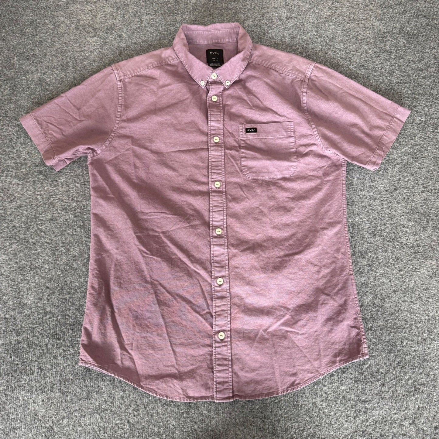 RVCA Men Small Slim Short Sleeve Button Up Shirt Purple Cotton Casual Skate Surf