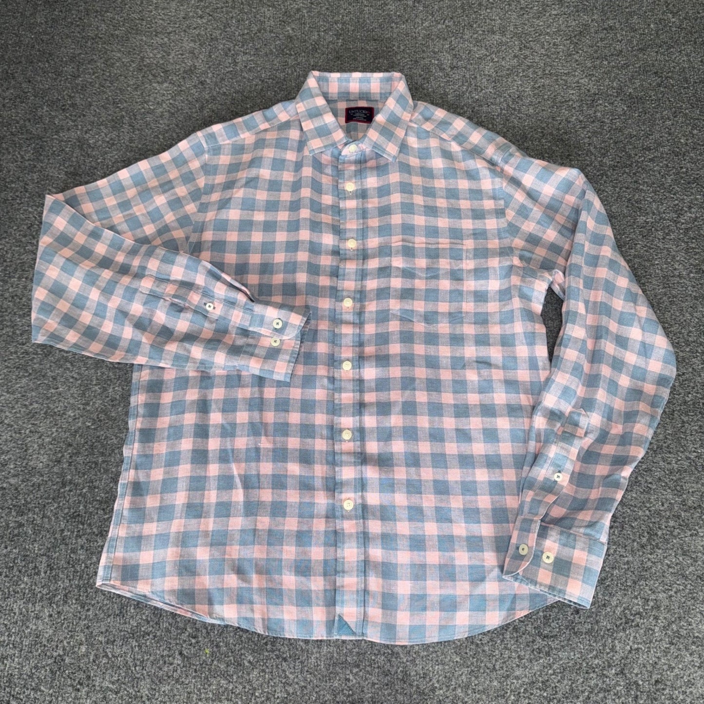 UNTUCKit Mens Medium Pink Blue Gingham 100% Linen Wrinkle Resistant Button Shirt