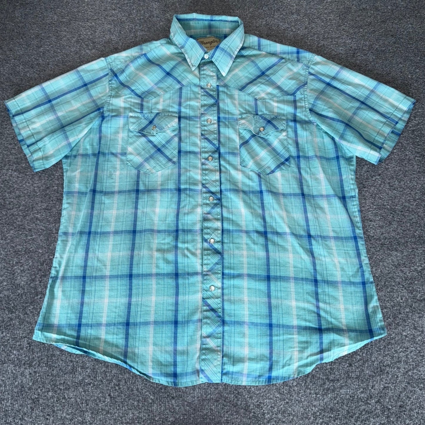 Wrangler Western Shirt Mens XL Blue Plaid Short Sleeve Cowboy Rodeo Pearl Snap