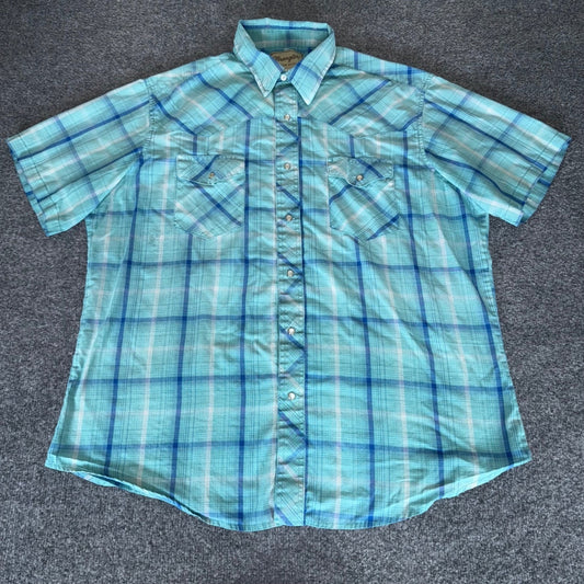 Wrangler Western Shirt Mens XL Blue Plaid Short Sleeve Cowboy Rodeo Pearl Snap
