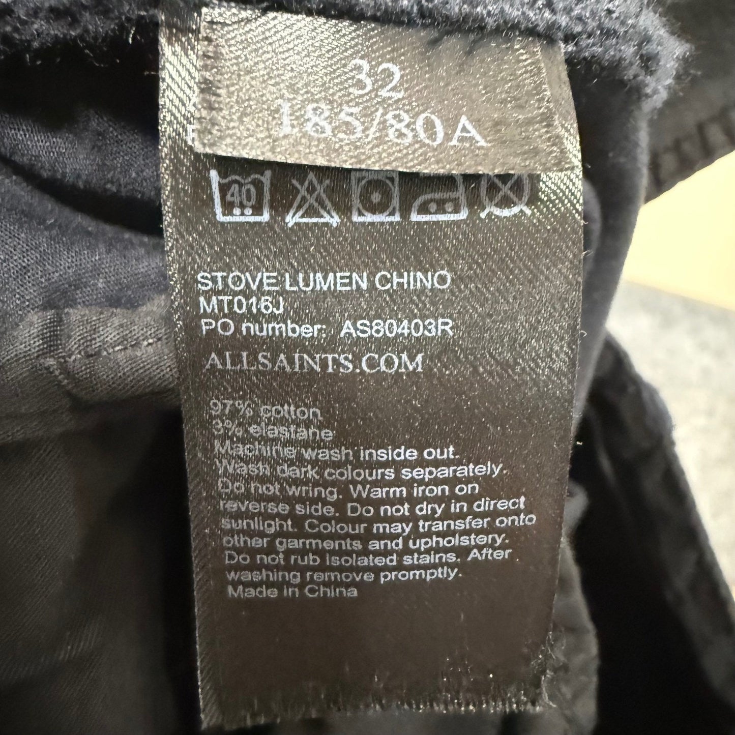 All Saints Stove Lumen Chino Mens Pant Black 32x30 Slim Casual Modern Streetwear