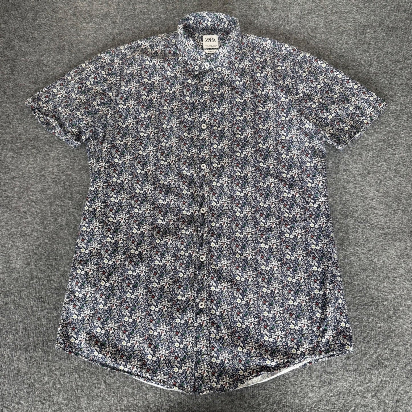 Zara Man Slim Fit Floral AOP Short Sleeve Button Down Shirt Blue Large Mens