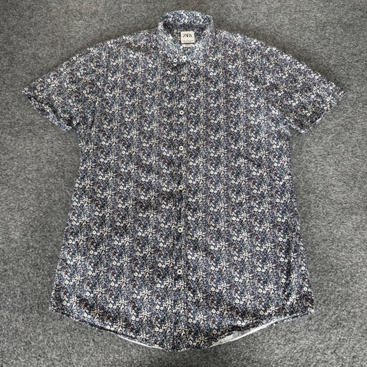 Zara Man Slim Fit Floral AOP Short Sleeve Button Down Shirt Blue Large Mens