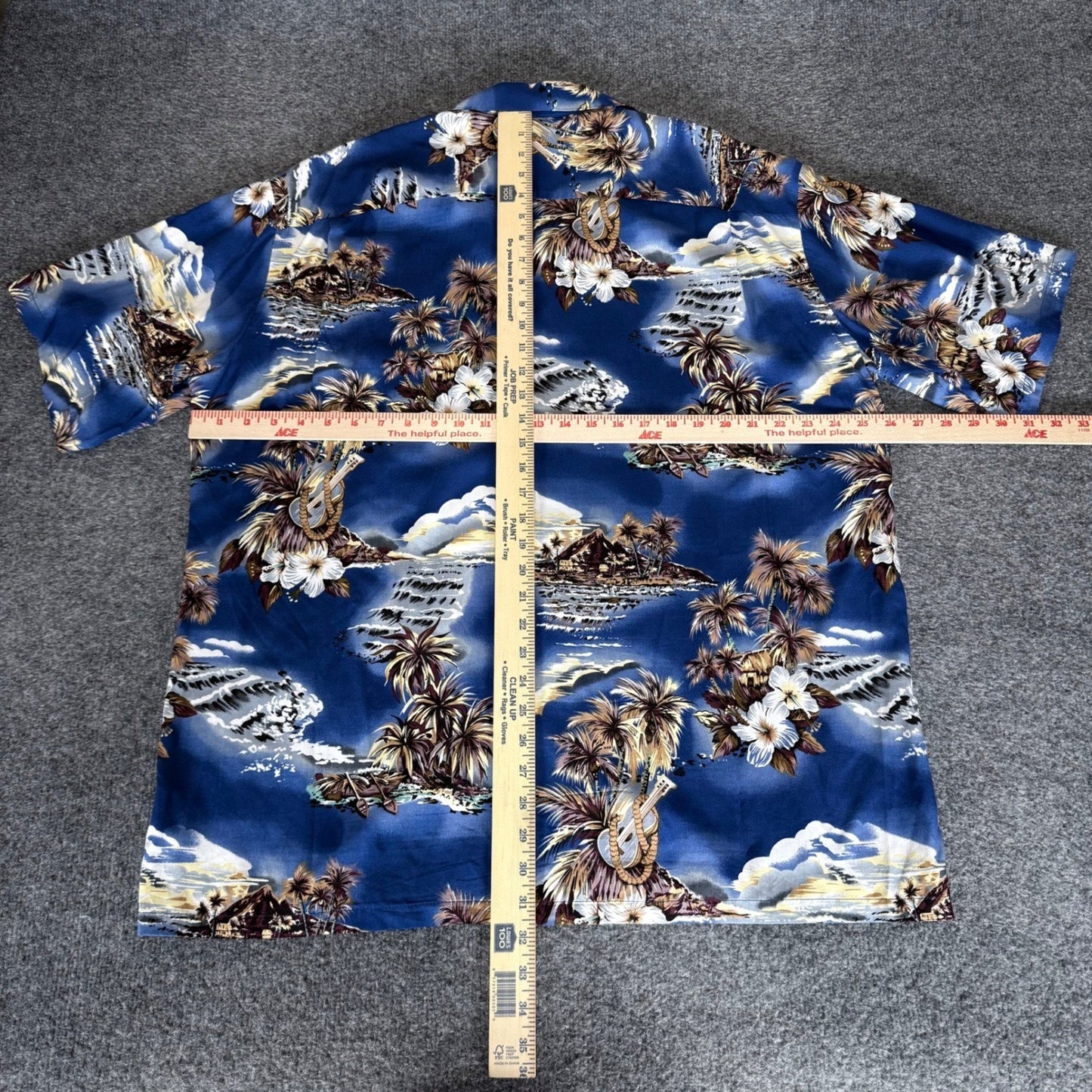 Hilo Hattie Mens XL Blue Hawaiian Shirt Rayon Tropical Ukulele Aloha Button Up