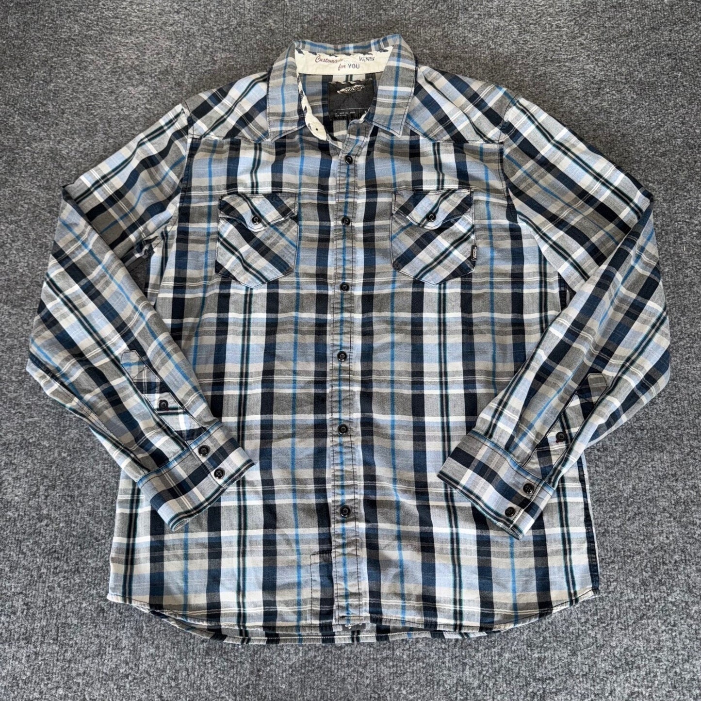 Vans Western Shirt Mens Large Blue Plaid Snap Button Long Sleeve Casual Cowboy