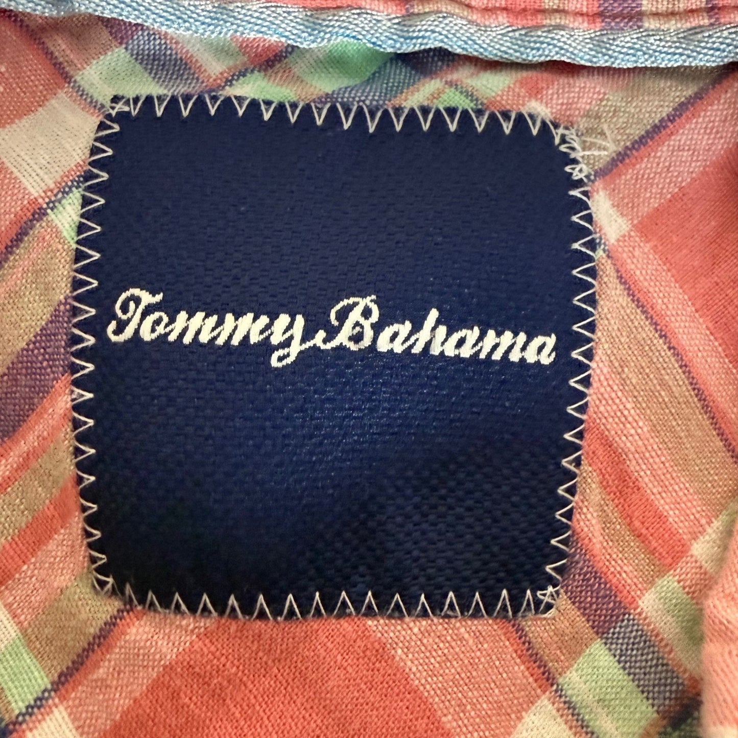 Tommy Bahama Mens XL Linen Cotton Plaid Button Up Shirt Coral Blue Long Sleeve