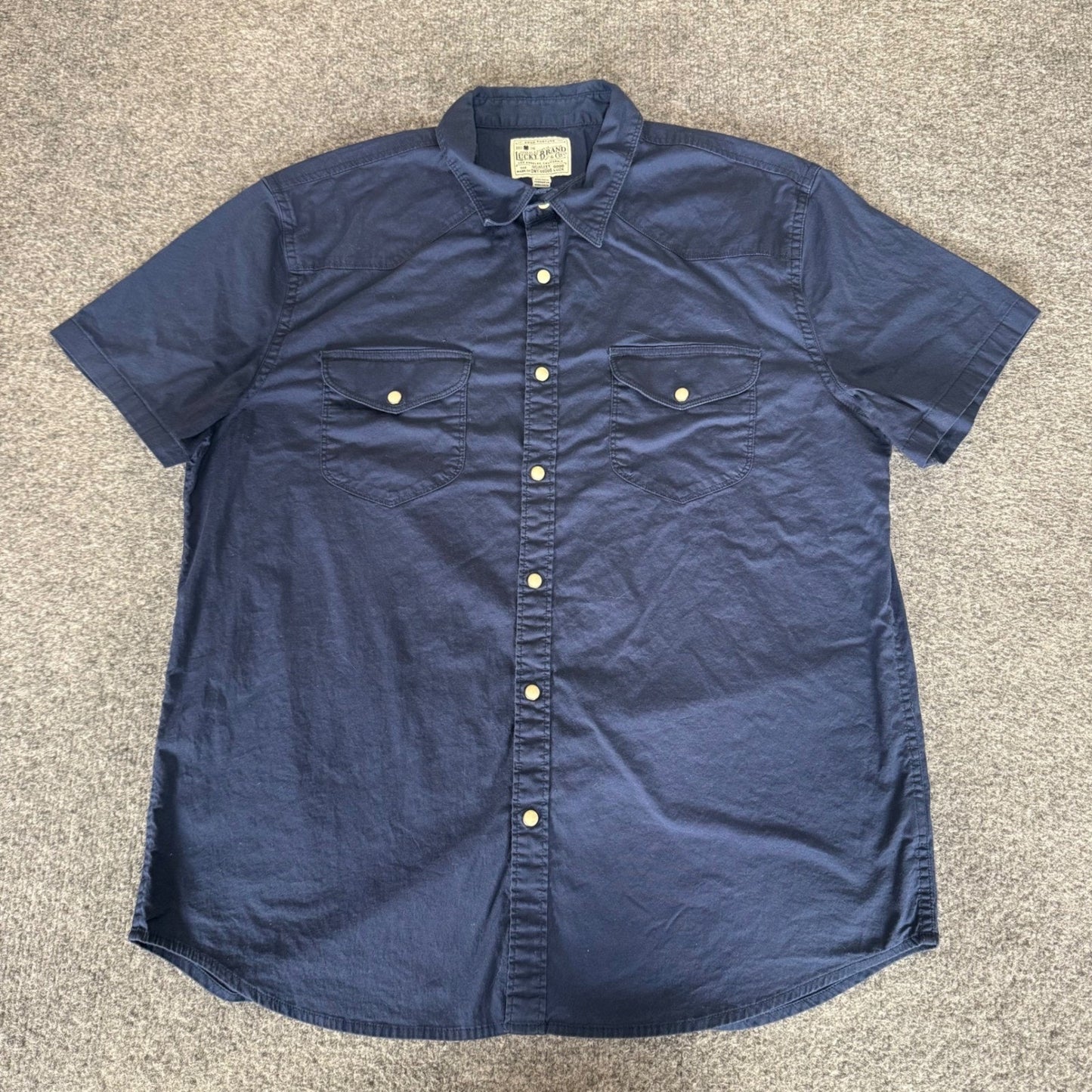 Lucky Brand Mens Navy Blue Short Sleeve Western Pearl Snap Shirt Large Casual