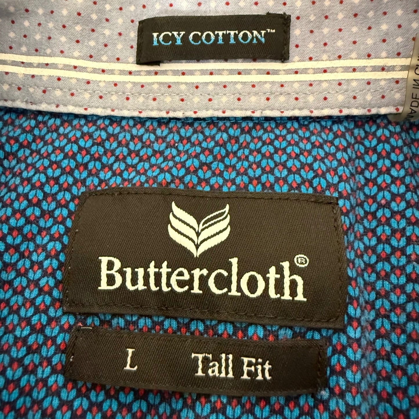 Buttercloth Shirt Men L Blue Geometric Icy Cotton Button Up Short Sleeve Stretch