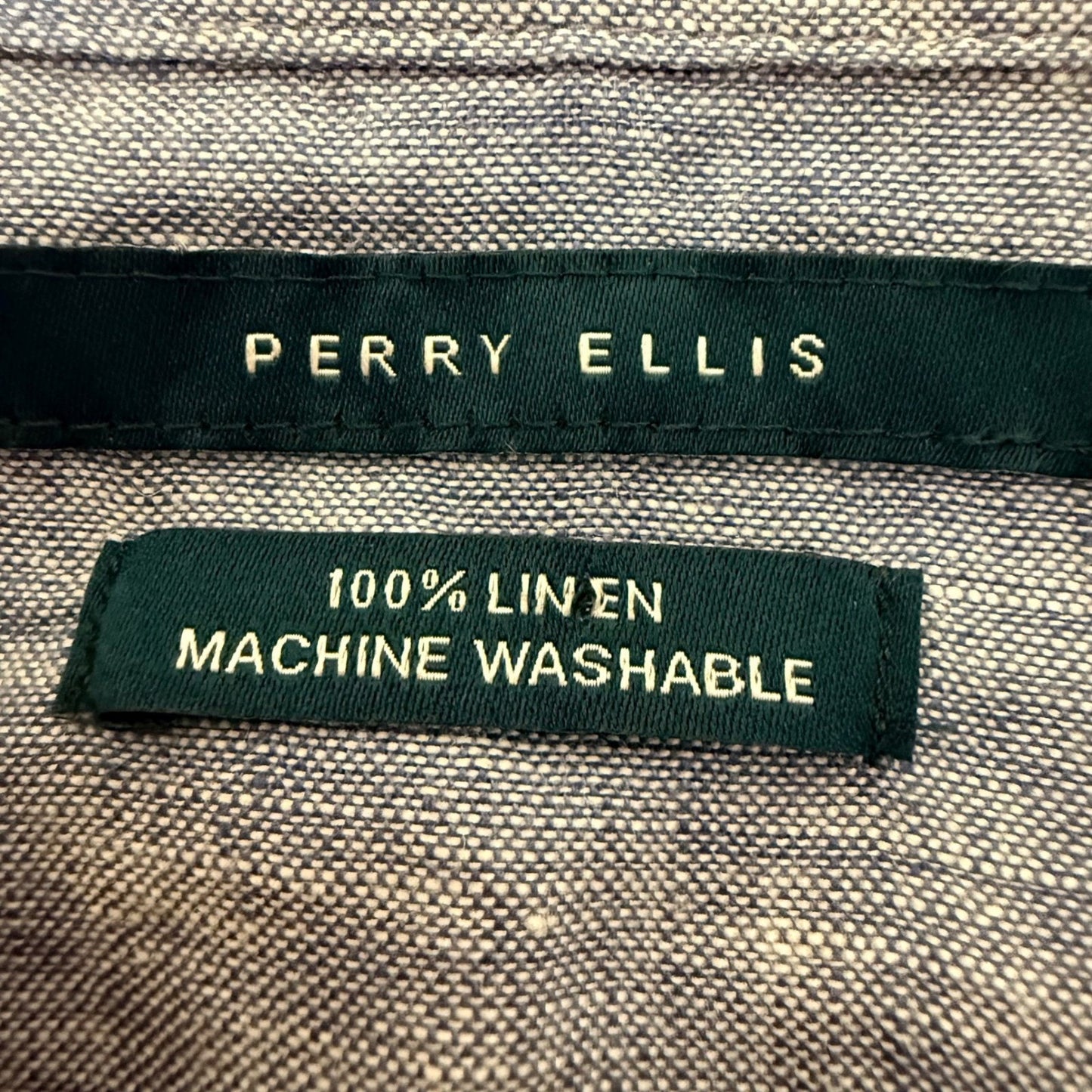 Perry Ellis Mens Shirt 100% Linen Short Sleeve Button Up Casual Blue XL Summer