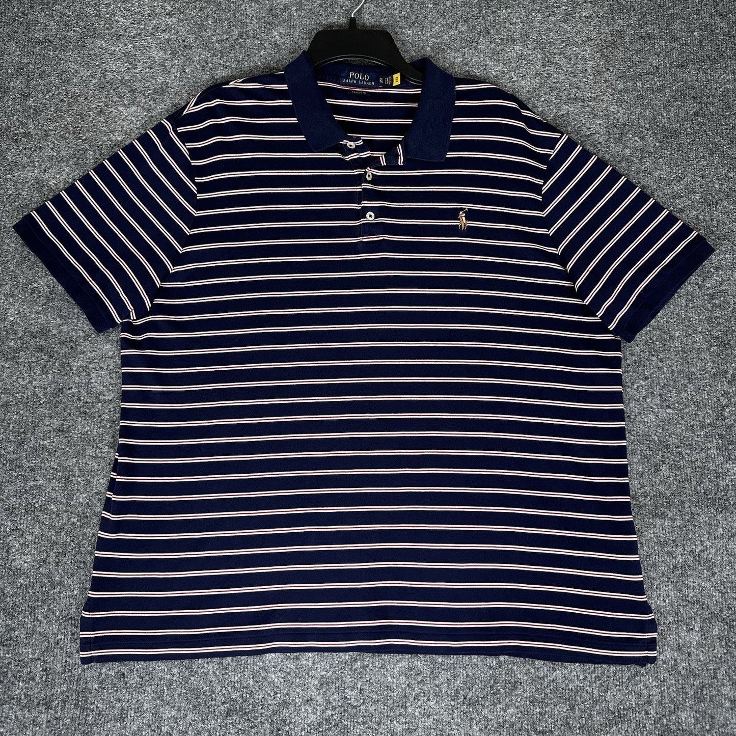 Ralph Lauren Polo Shirt Men's XL Navy Blue Red Striped Flesh Pony Short Sleeve