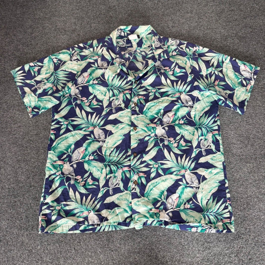 Hilo Hattie Mens Hawaiian Shirt Large Blue Green Tropical Bird Palm Cotton Aloha