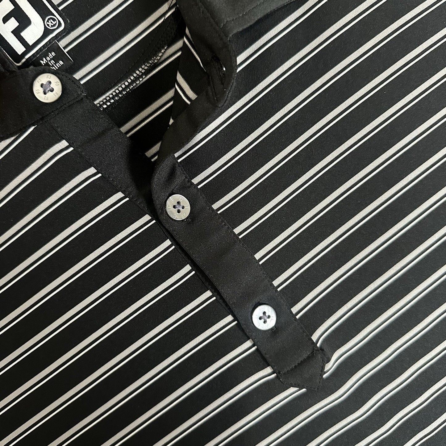 Footjoy Polo Shirt Mens XL Black Grey Striped Athletic Fit FJ Golf Short Sleeve