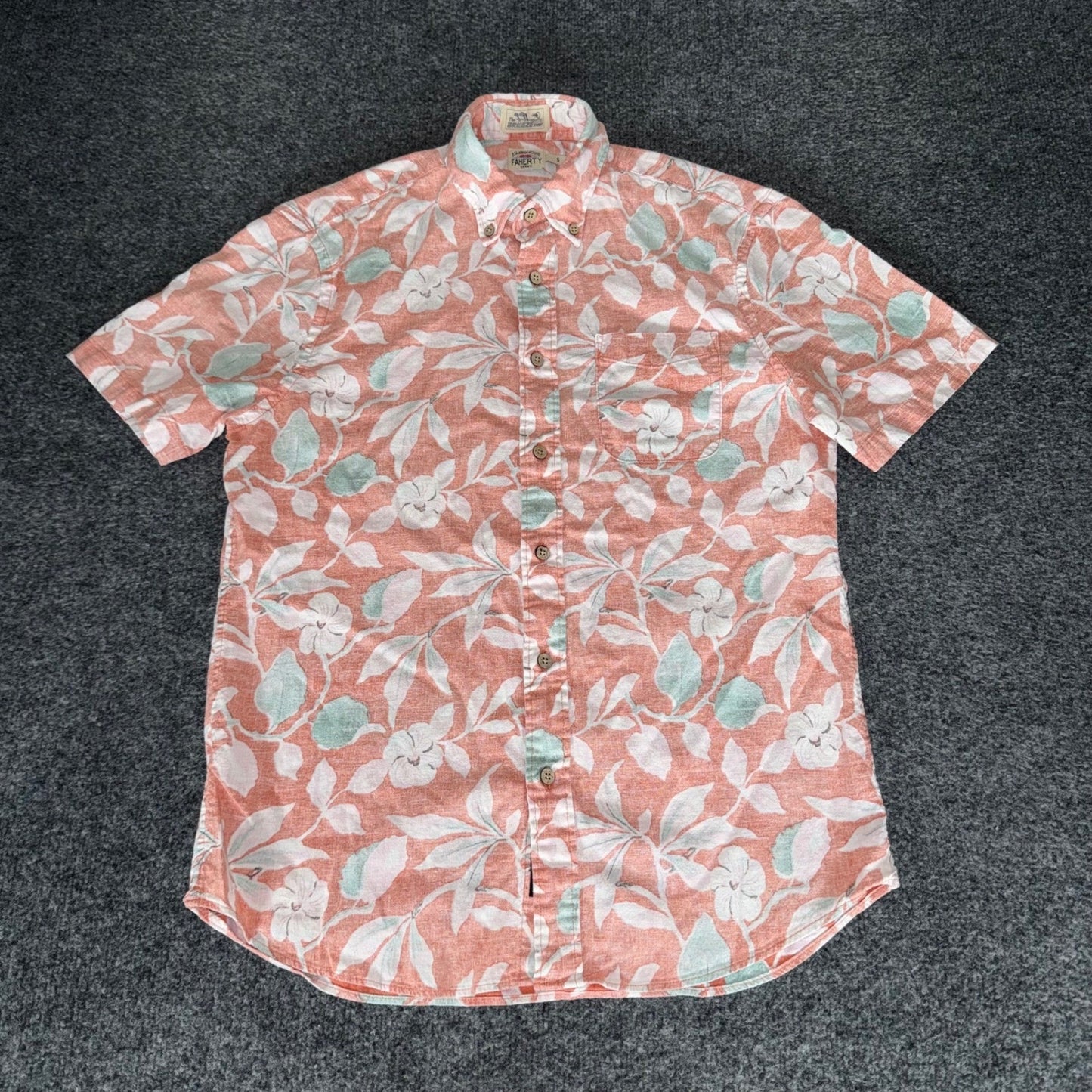 Faherty Breeze Shirt Mens Small Orange Floral Linen Blend Short Sleeve Button Up