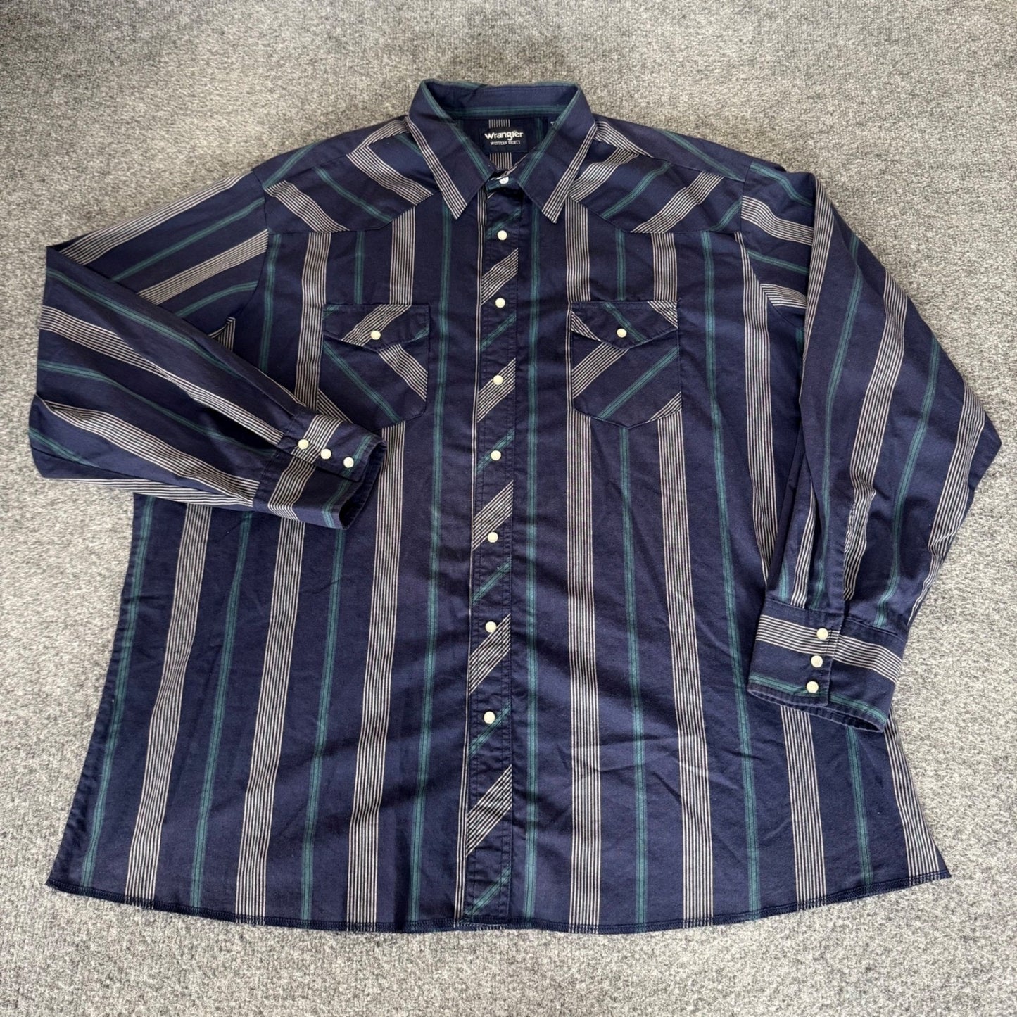 Wrangler Mens 3XL Tall Western Shirt Navy Striped Pearl Snap Long Sleeve Cowboy
