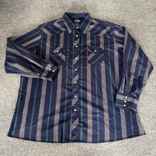 Wrangler Mens 3XL Tall Western Shirt Navy Striped Pearl Snap Long Sleeve Cowboy