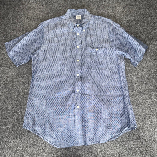 Brooks Brothers Regent Mens Blue Geometric Linen Shirt Large Short Sleeve Casual