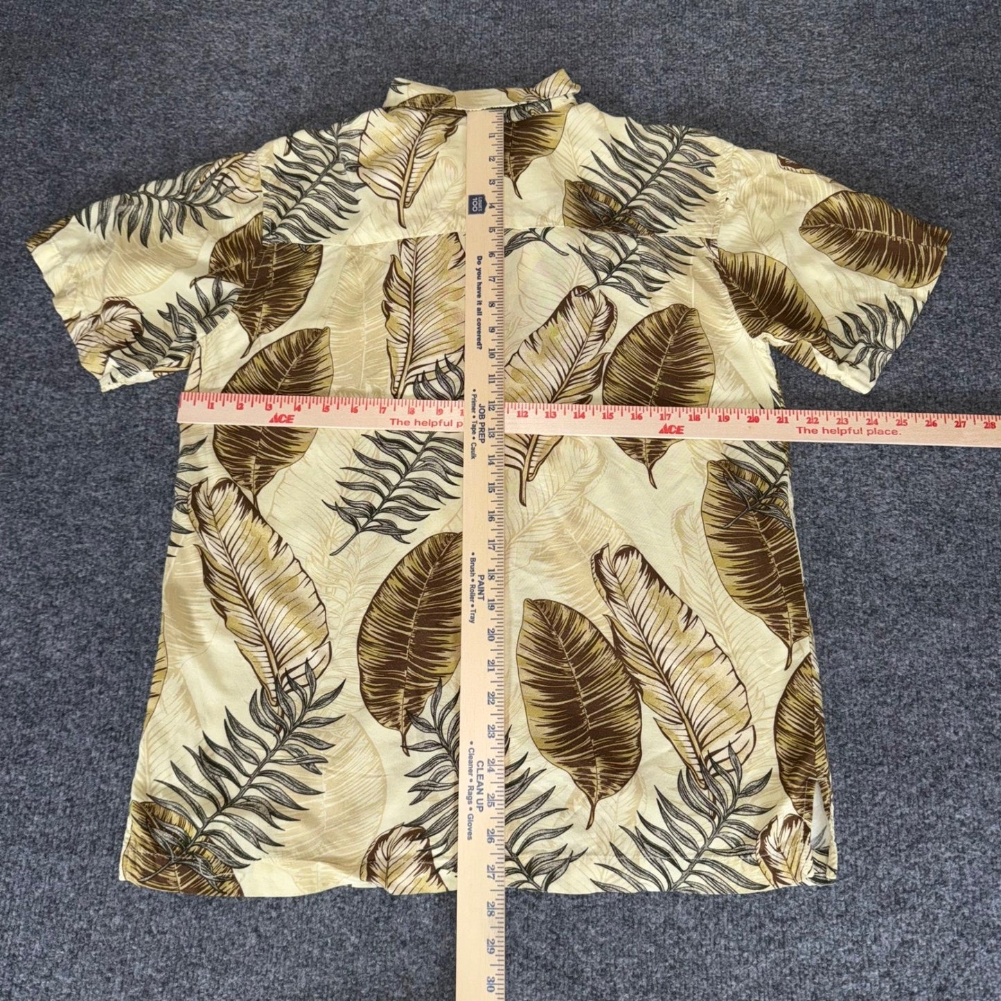 Joe Marlin Mens Medium Hawaiian Shirt Beige Rayon Tropical Leaf Print Button Up