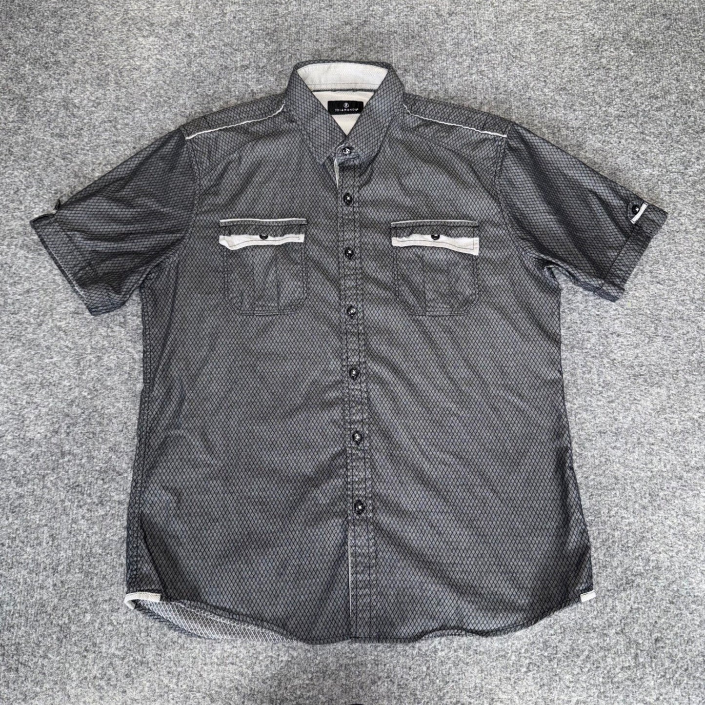 7 Diamonds Shirt Mens Large Gray Diamond Grid Short Sleeve Button Down Casual