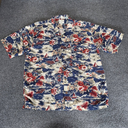 Tommy Bahama Hawaiian Shirt Men Medium Silk Tropical Floral Sailboat Relax Aloha